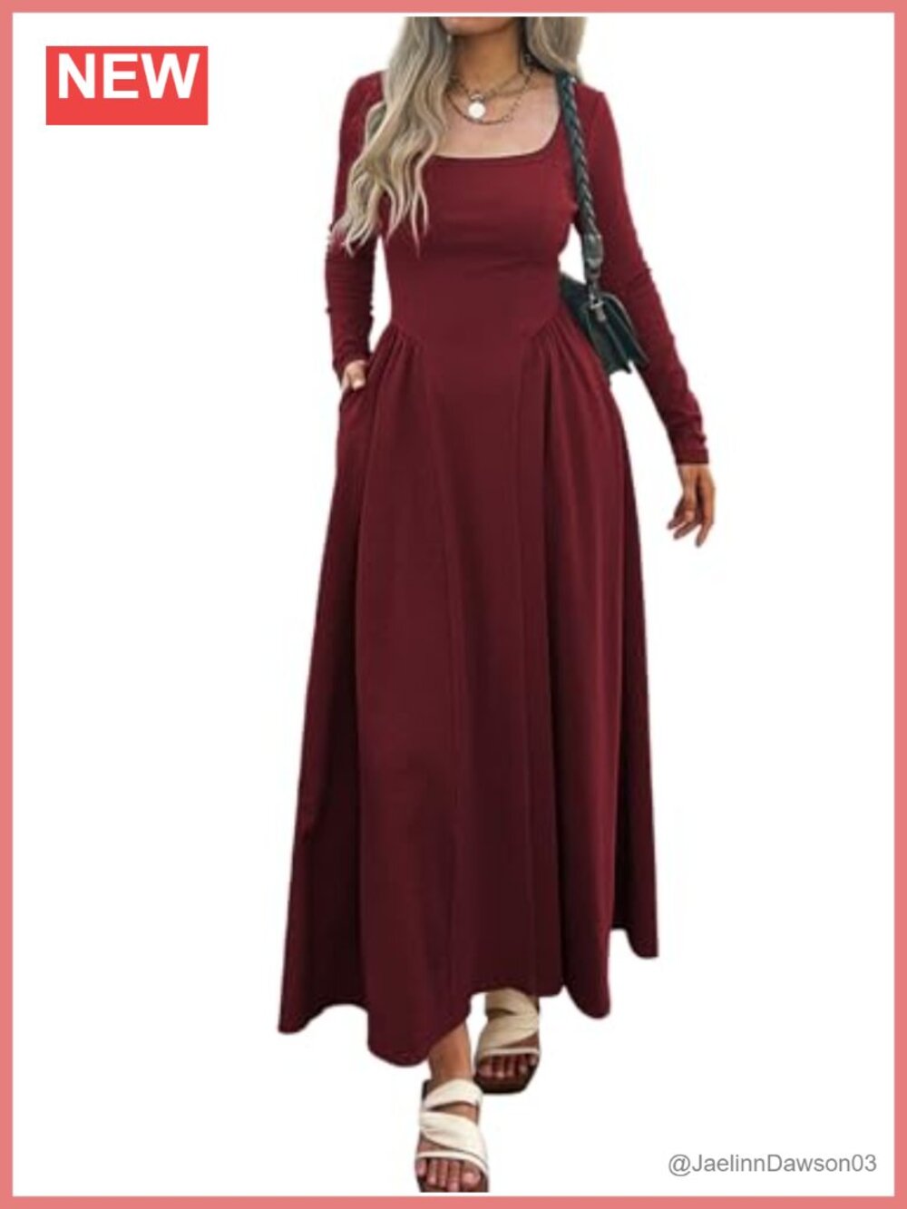Women Square Neck Long Sleeve Ribbed Knit Maxi Dress A Line with Pockets